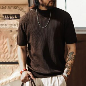 Green deer pit texture knitted short-sleeved T-shirt men's summer fashion brand cool casual cool half turtleneck T-shirt