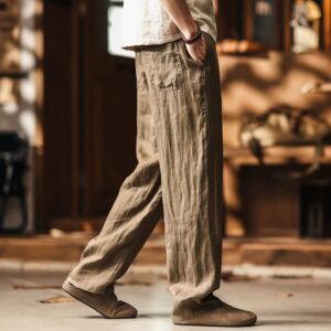 Green Deer Retro Pure Linen Tencel Lightweight Casual Pants Men's Summer Trendy Loose Straight Straight Pants