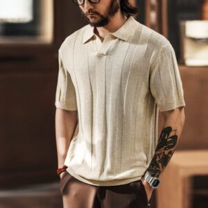 Green Deer Tencel Lyocell knitted seagull collar short-sleeved T-shirt men's summer trendy linen pit stripe texture Polo shirt