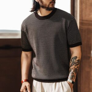 Green deer texture scale jacquard short-sleeved knitted T-shirt men's summer trendy brand loose ice silk contrasting color bottoming shirt