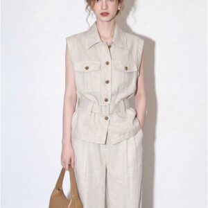 Hemp natural color sleeveless lapel vest wide leg pants suit for women 2026 summer new style waist commuting two-piece set