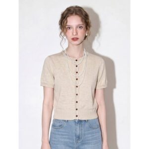Hemp White Round Neck Short Sleeve Knitted Cardigan Women's 2026 Summer New Button Versatile Commuting Temperament Korean Top