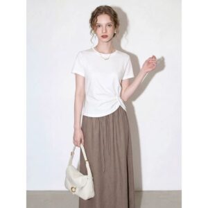 Light and simple style white Tencel twist T-shirt for women 2026 summer short-sleeved waist slimming versatile top