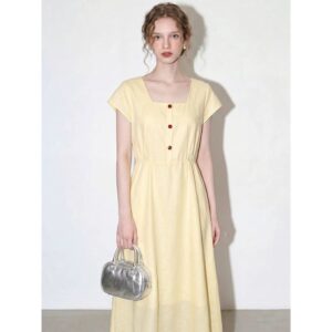 Light yellow square neck Tencel linen short-sleeved dress for women 2026 summer new French style acetate long skirt