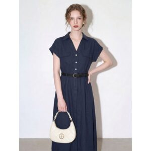 Navy V-neck Tencel Linen Shirt Dress Women's 2026 Summer New Commuting High-Quality Slim Long Skirt