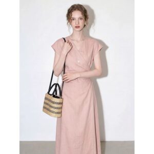 Pink V-neck Tencel Linen Short Sleeve Dress for Women 2026 Summer New Simple Commuting Style Slim Long Dress