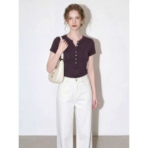 Purple Henry Collar Short Sleeve T-Shirt Women's 2026 Summer New Button Versatile Commuting Wear Daily Top