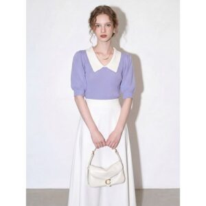 Purple short-sleeved sweater for women 2026 summer new polo collar puff sleeve ice silk T-shirt high-end top