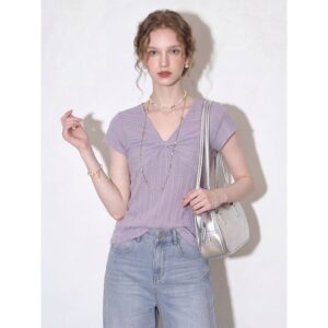 Purple V-neck twisted Tencel linen short-sleeved T-shirt for women 2026 summer new elegant temperament commuter style top