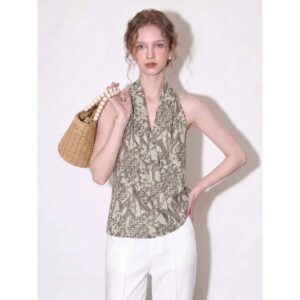 Resort Style Gray Linen V-Neck Halter Sleeveless Printed Shirt Women's 2026 Summer Western Style Unique Top
