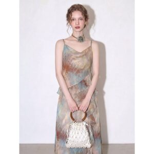 Sfumato oil painting style ruffled collar suspender dress for women 2026 summer new long A-line skirt for vacation