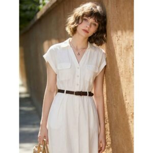 Tencel linen shirt dress women's 2026 summer new old money style waist slimming commuting high-end long skirt