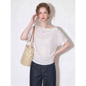 White design slanted shoulder Tencel short-sleeved T-shirt for women 2026 summer new loose and versatile casual top
