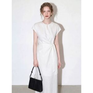 White Feifei Sleeve Round Neck Linen Dress 2026 Women's Summer New Simple Style Lace-Up Waist Temperament Long Skirt