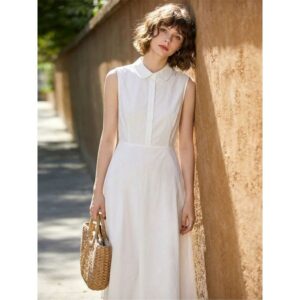 White Lapel Sleeveless Dress Women's 2026 Summer New French Gentle Style Waist A-Line Slim Long Dress