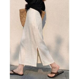 White linen skirt for women 2026 summer new commuter style daily high waist straight slit thin skirt