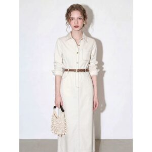 White long-sleeved shirt V-neck dress 2026 women's summer French topstitched waist high-end commuter temperament long skirt