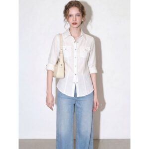White mid-sleeve shirt collar lapel top for women 2026 summer French high-intellectual temperament waist slim commuting shirt