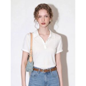 White Polo collar short-sleeved T-shirt 2026 women's summer simple basic casual commuting solid color fashion versatile top