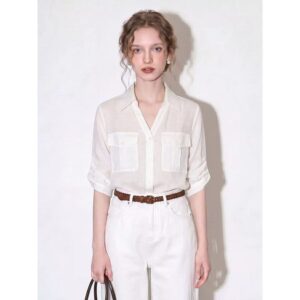 White short-sleeved lapel ramie shirt for women 2026 summer new style temperament high-end commuter style Tencel top