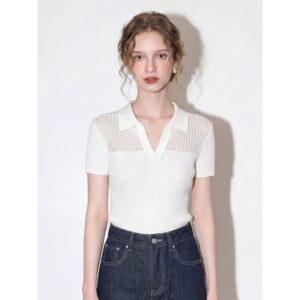 White short-sleeved V-neck polo shirt 2026 women's summer French gentle style slim fit lapel daily commuting top