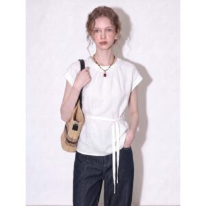 White Tencel Linen Short Sleeve Shirt Women's 2026 Summer New French Tie Waist Versatile Slim Top